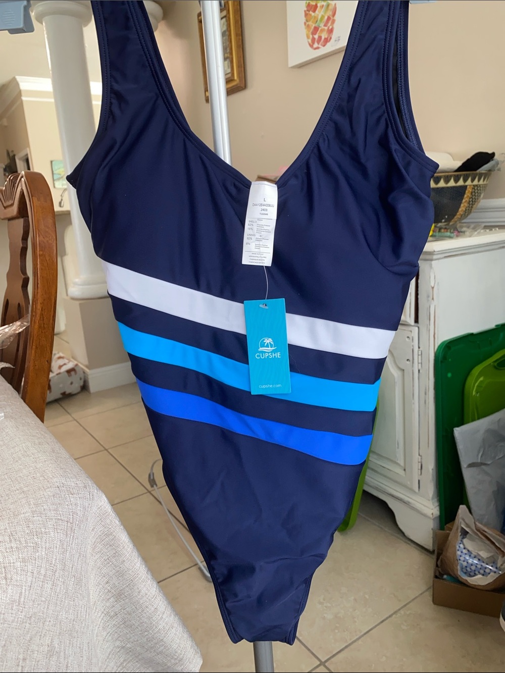 Cupshe Navy One-Piece Swimsuit with White and Blue Stripes BNWT